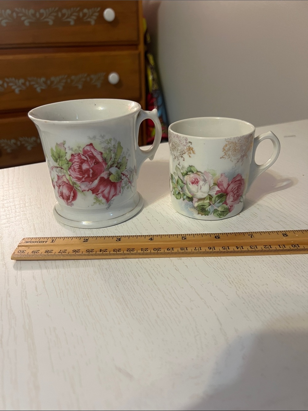 White Porcelain Floral Rose Teacup and Mug Set - Pink Rose Pattern